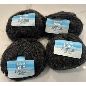 Vtg Yarn Bucilla HALO Wool Acrylic Nylon 4 Balls Crafts Black Iridescent Shimmer